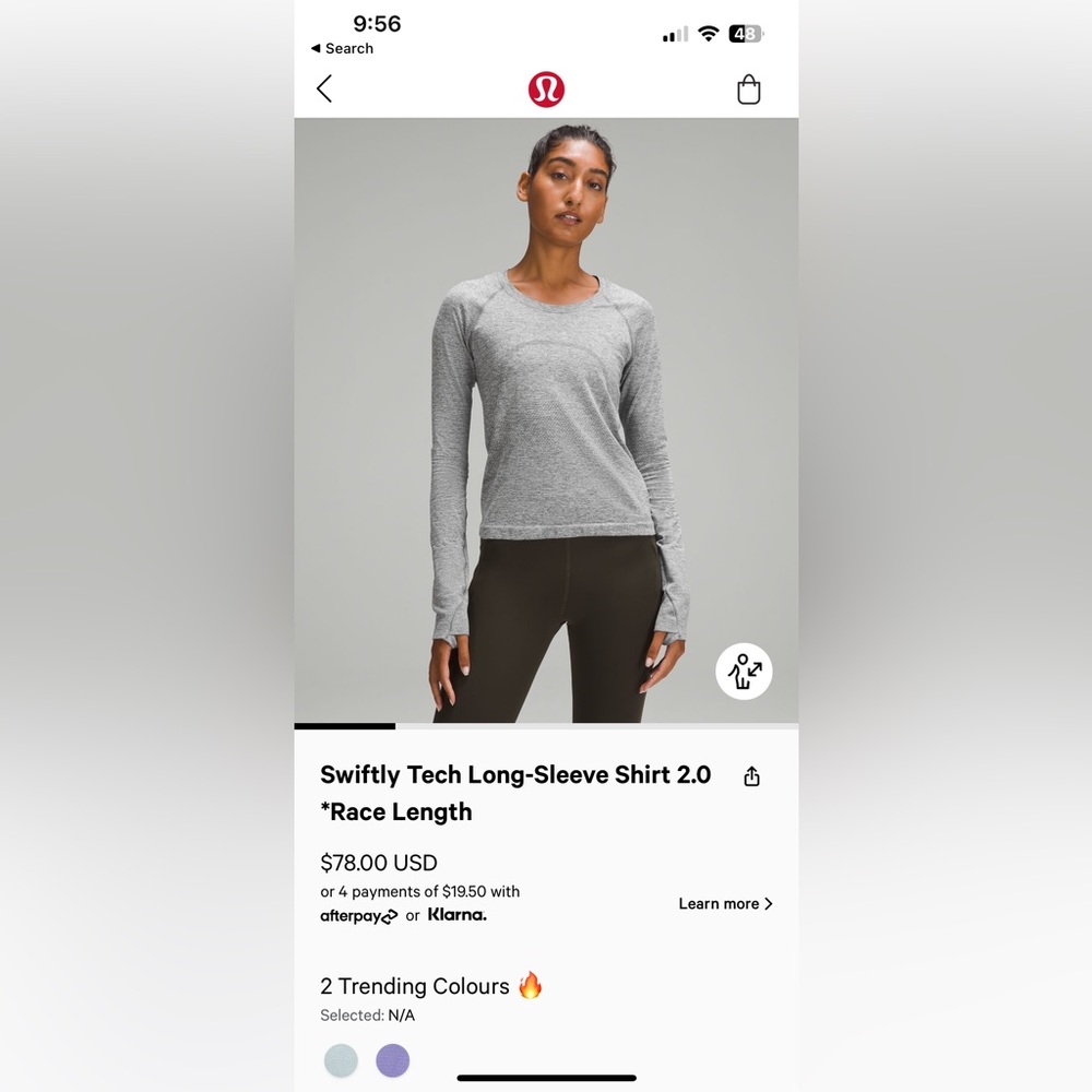 Lulu Lemon Swiftly Tech Long Sleeve 2.0 *Race Length. Size 4 - Slate/White